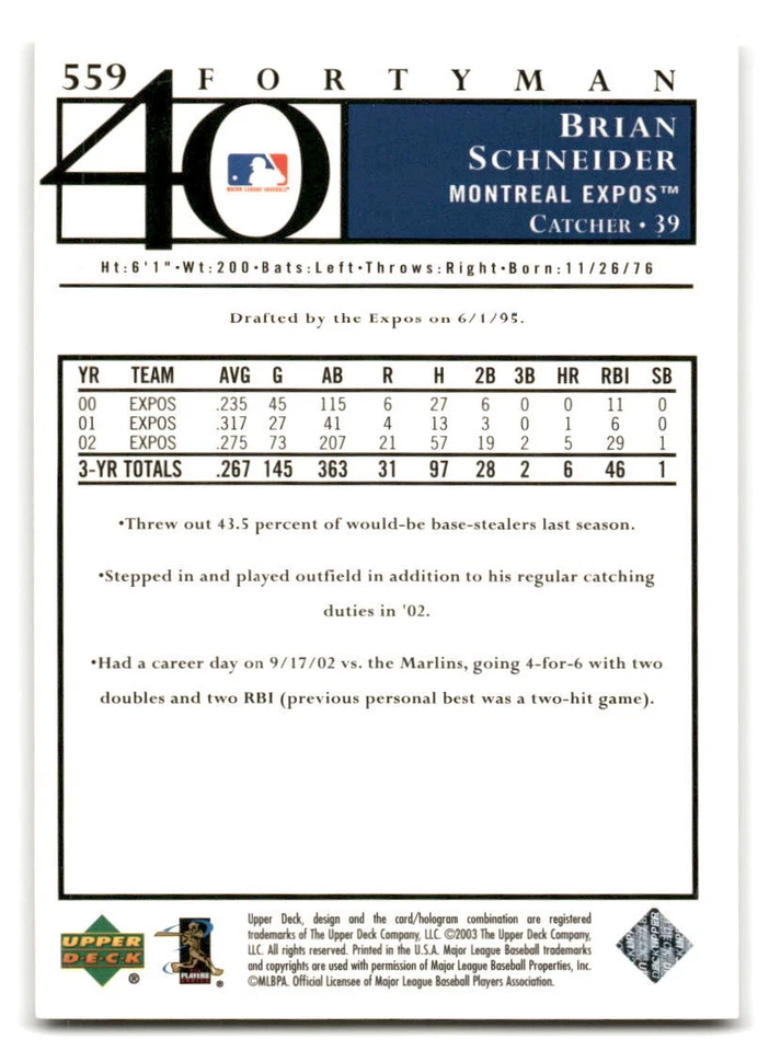 Brian Schneider 2003 Upper Deck 40-Man Baseball #559 Montreal Expos - Image 2 of 2