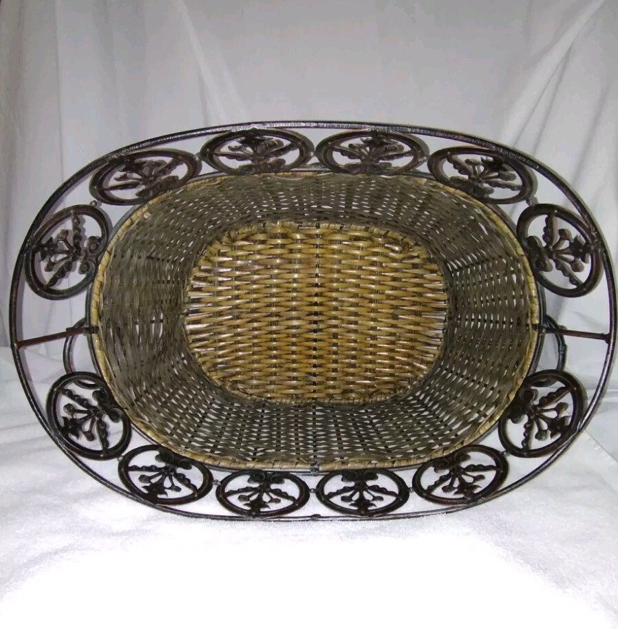 Wicker Basket / Metal Ornate Pattern Around Top And Bottom- 18"X 11" X 14"