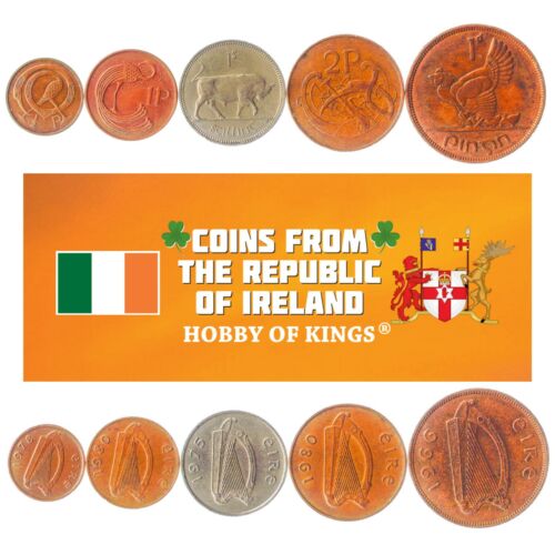 5 IRISH COINS. DIFFERENT COINS FROM ISLAND. FOREIGN CURRENCY, VALUABLE MONEY - Afbeelding 1 van 4