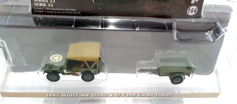 Jeep Willys MB Greenlight escala 1/64 32220-A 1943 e reboque de carga de 1/4 tonelada - Exército - Imagem 4 de 4
