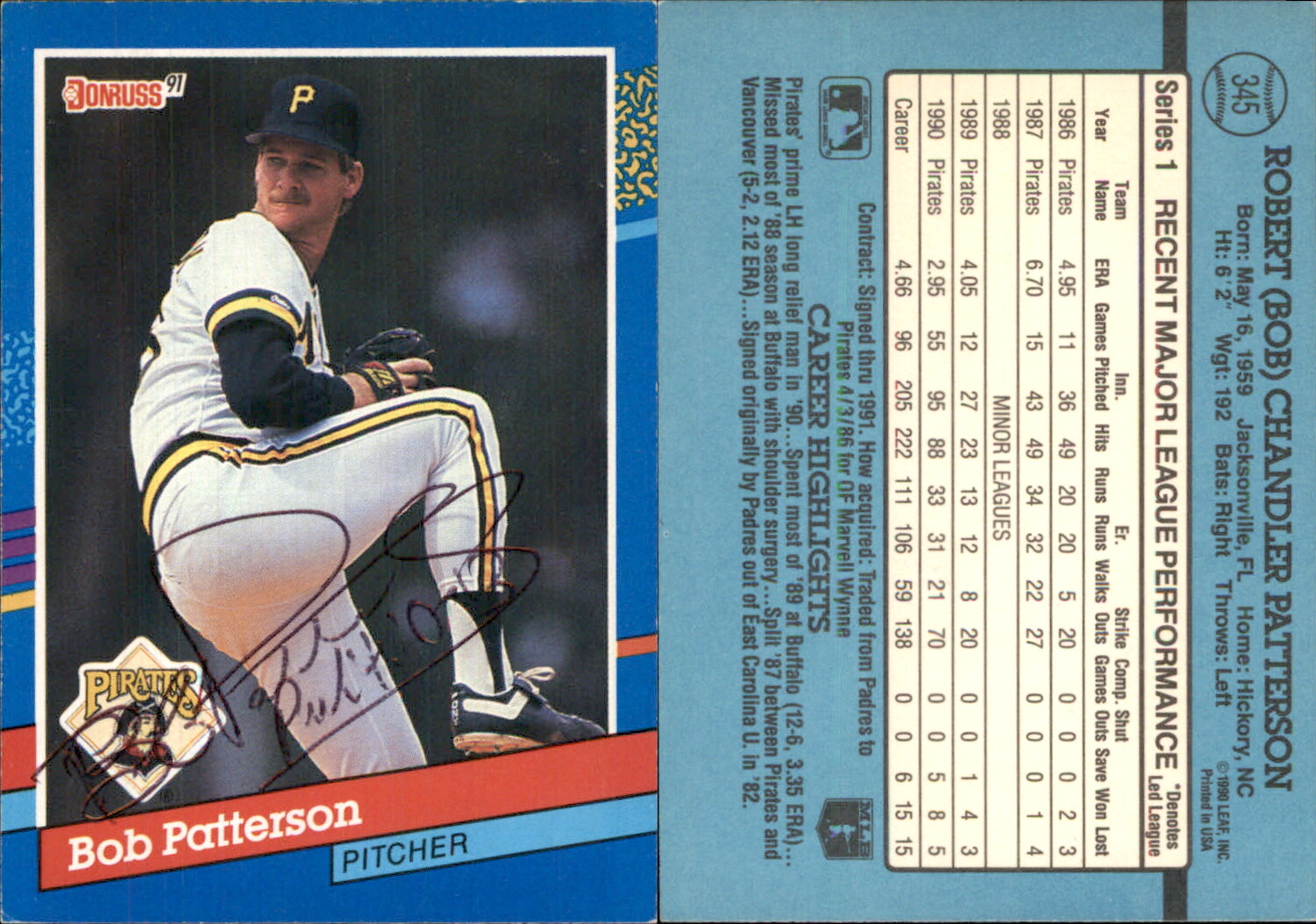 Bob Patterson Signed 1991 Donruss #345a Card Pittsburgh Pirates Auto AU