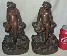 1914 ANTIQUE KBW KATHODIAN BRONZE WORKS NUDE LADY POND FROG ART STATUE BOOKENDS