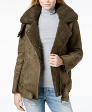 $415 J.o.a Womens Green Motorcycle Outerwear Faux Shearling Biker Jacket Size M