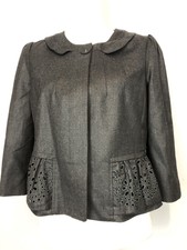 Rebecca Taylor Cropped Gray charcoal Wool bl Blazer Eyelet Lace Peplum Sz 10