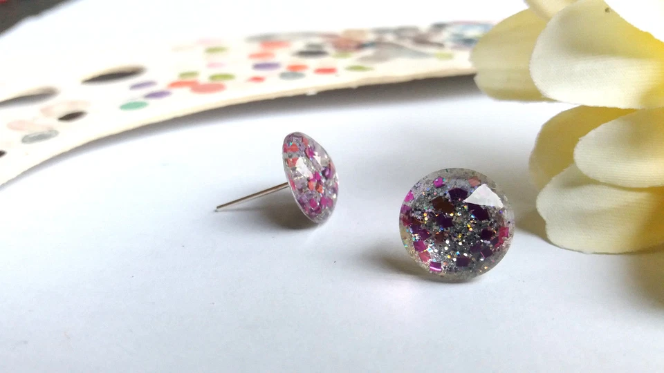 Ohrstecker Cabochon Silber Glitzer Glas Pink Rosa Handgemacht Ohrring Rot 47 - Bild 3 von 4