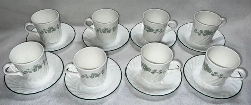 Set of 8 Corning Corelle CALLAWAY GREEN IVY Swirl Coffee Cup Mugs & Saucers 16pc