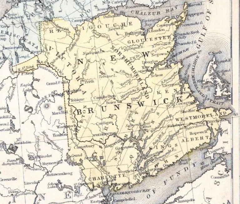 Mapa Mitchell de la era de la Guerra Civil de 1865 Nuevo Brunswick, península de Gaspe - incursión de St. Albans Foto 3 de 4
