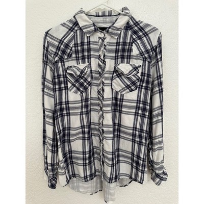 Rails Navy White Plaid Button Down Shirt Womens Large Gauze Western Flap Pockets