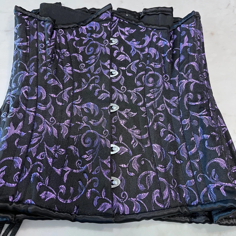 Corsé Huerto Negro Púrpura Floral Brocado Acero Deshuesado Corsé Cintura 24 Foto 2 de 4