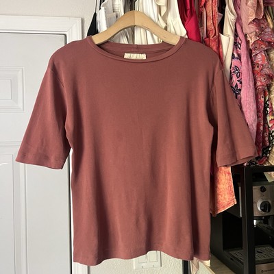 DELFINA BALDA clay rust apricot red crew neck soft short sleeve T-shirt tee