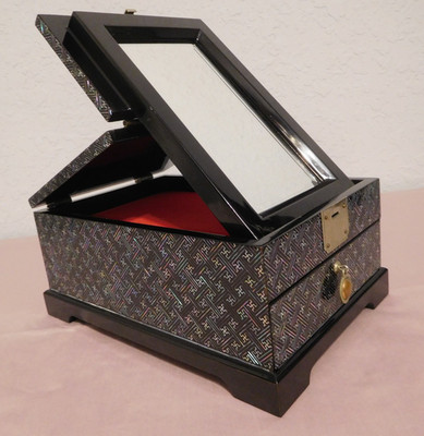 Black Lacquer Wood Vanity Jewelry Box Geometric Applied Metalwork Overlay/Mirror
