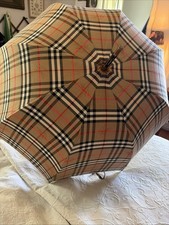 Vtg Burberry Classic Parasol Umbrella Nova Check Beige Wooden Handle Large 32
