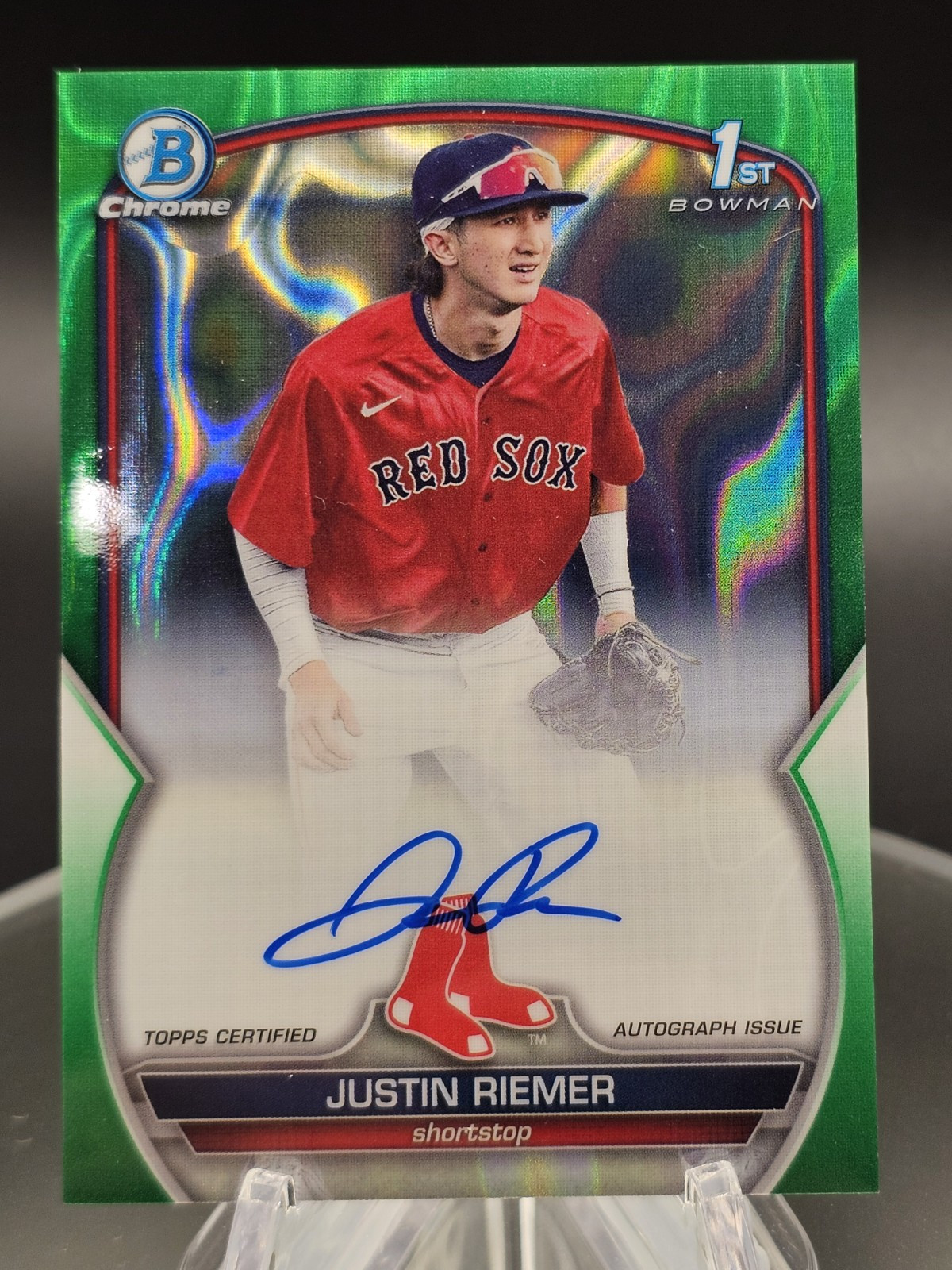 Justin Riemer 2023 Bowman Chrome Draft Green Refractor #'d /99 Auto #CDA-JRI (1)