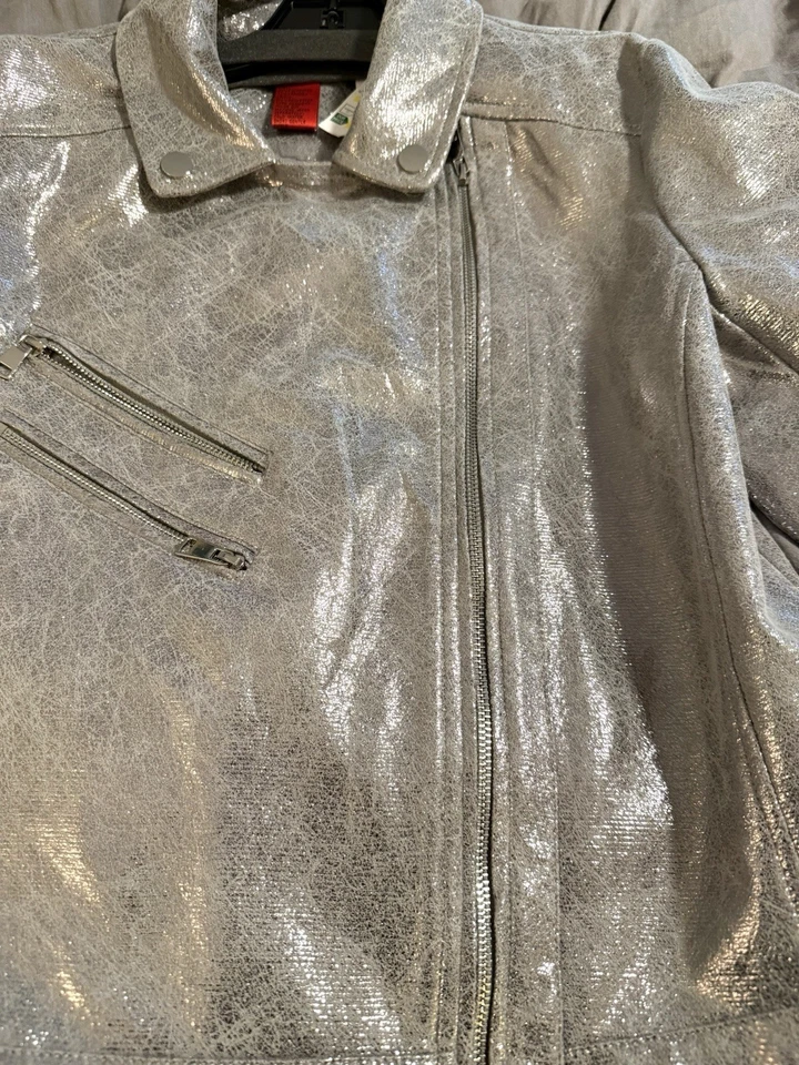 Chaqueta de motociclista V Christina plateada metálica para mujer cremallera frontal punk grande nueva con etiquetas Foto 4 de 4