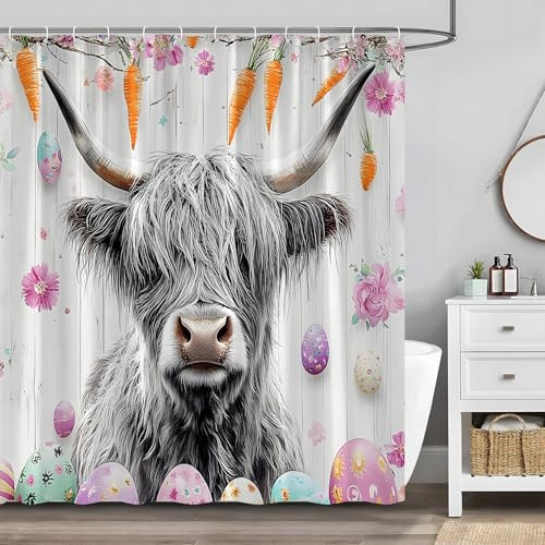 Ostern Hochland Kuh Duschvorhang süße bunte Eier lustig Bauernhaus Tier  - Bild 2 von 6