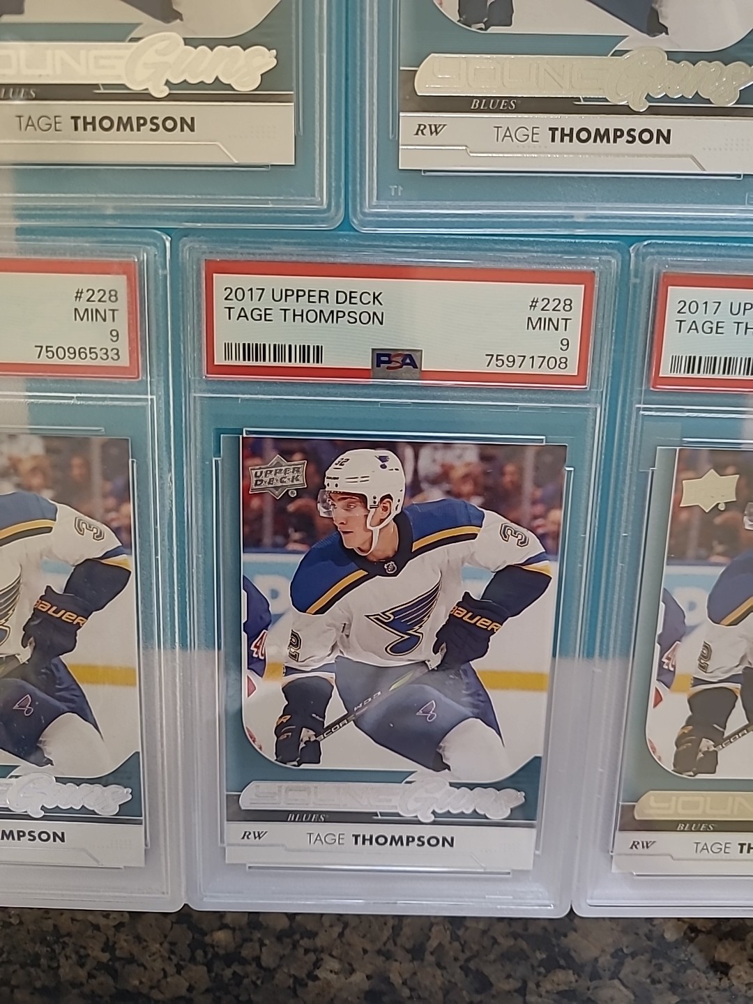 2017-18 Tage Thompson Upper Deck Young Guns Rookie RC #228 PSA 9 MINT view 3