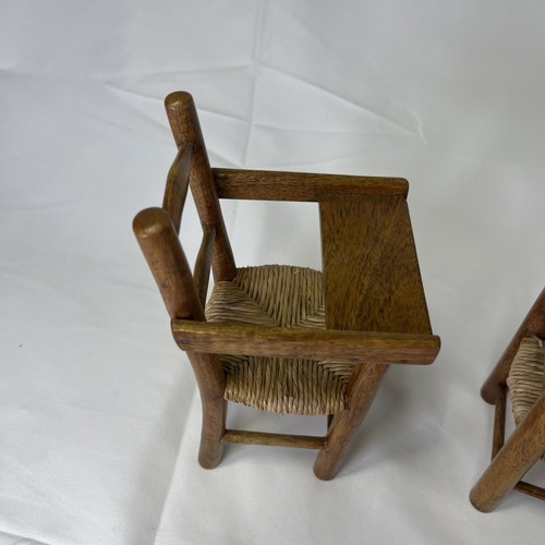 Handmade Vintage Wooden Rattan Woven High Chair And Chair Dollhouse Furniture - Picture 7 of 15
