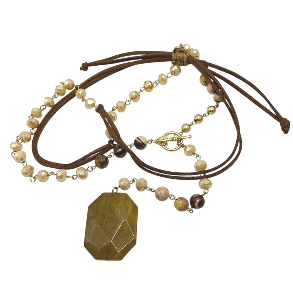 Collar Versona Cuentas Y Gota Lariat Piedra Facetada Simulada Tono Tierra Boho Foto 4 de 4