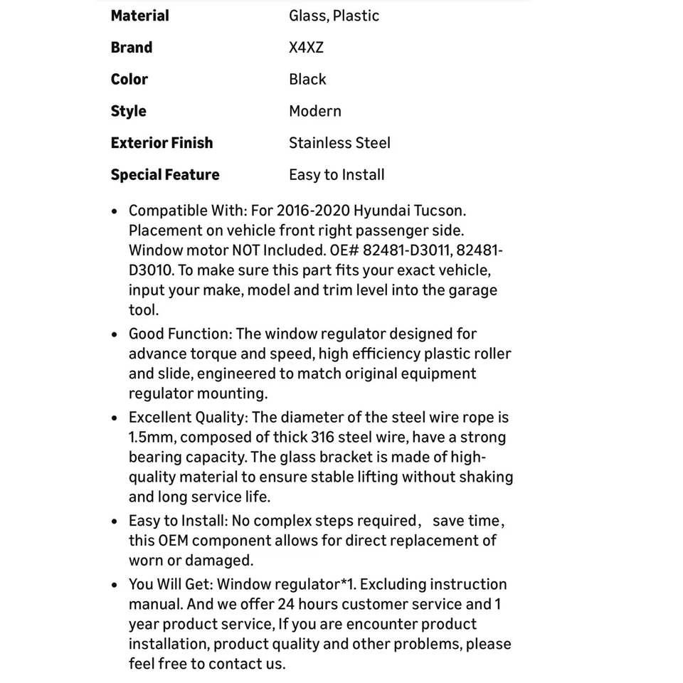 Front Right Window Regulator for Hyundai Tucson 2016-2020 82481-D3011 - Image 3 of 4