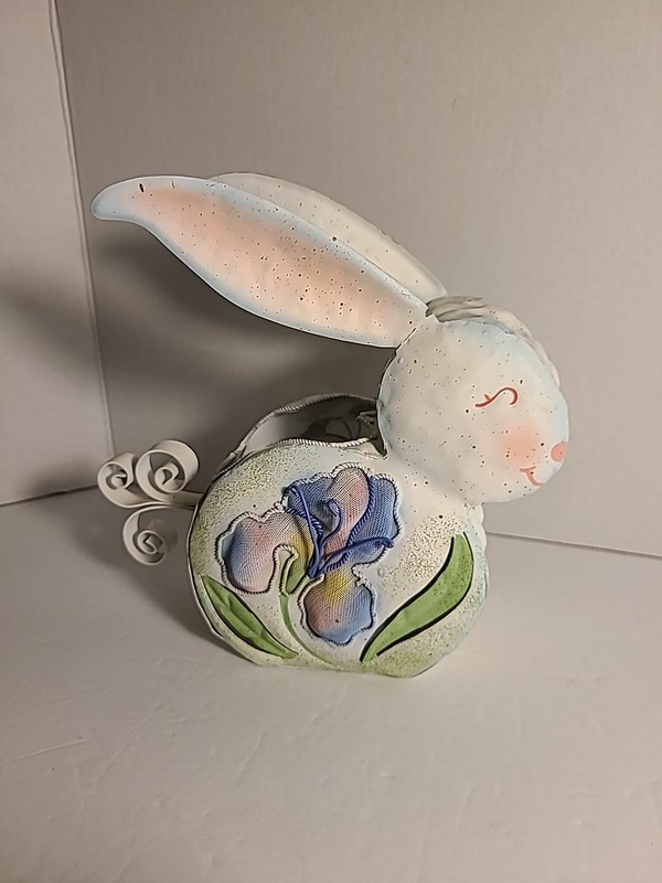 Metal Easter Bunny Candle Holder Decorated Eith Purple Iris Flower 7 1/2 X 7 1/2