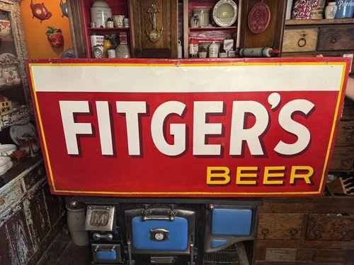Vintage Large 74 by 35 inch Old Metal Fitgers Beer Brewery Sign Duluth Minn
