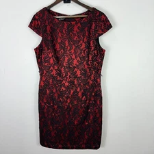 ALYX Womens Dress 16 Red Black Lace Overlay Sheath Cocktail Formal Wedding Guest