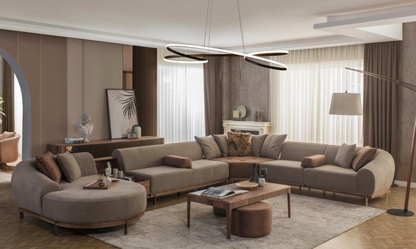 Modernes Beiges Ecksofa U-Form Wohnlandschaft Wohnzimmer Luxus Sofas-image