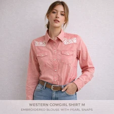 Wired Heart Western Cowgirl Shirt M Pink Embroidered Blouse Pearl Snap Coral