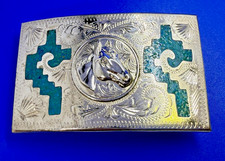 Southwestern Horse Head Turquoise Chip Inlaid Alpaca Mexico Made Belt Buckle