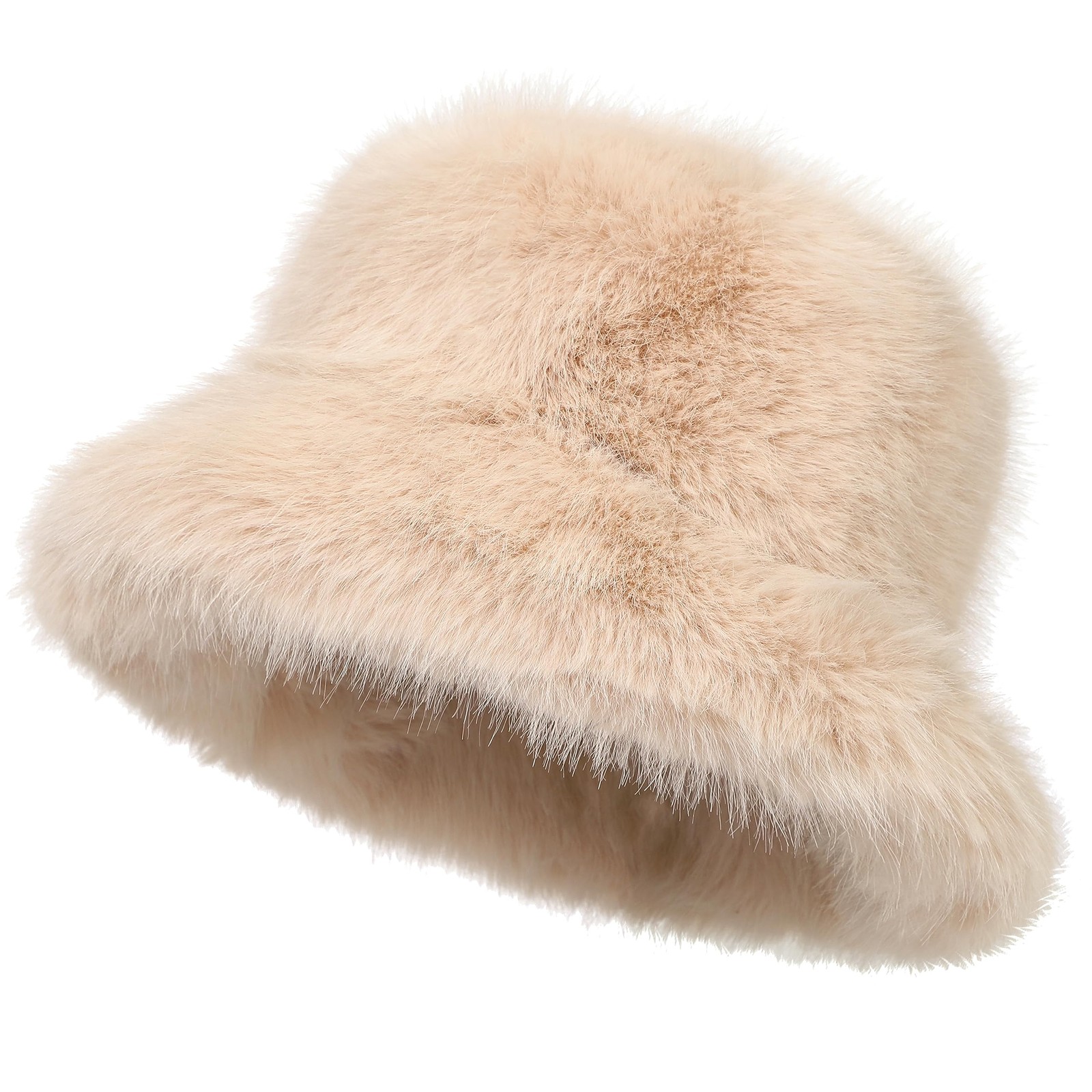 Fuzzy Wide Brim Faux Fur Bucket Hat Winter Warmer Beige - Cozy Accessory