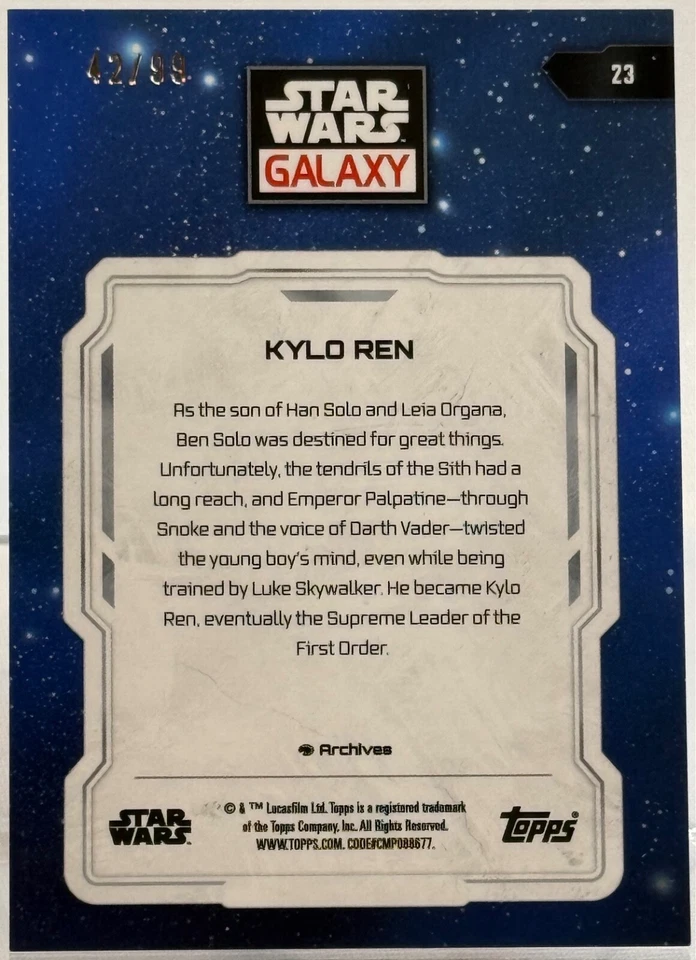 2024 Star Wars Chrome Galaxy, Kylo Ren (23) Wave Refractor Card #42/99 - Image 3 of 3