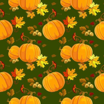 Fall Autumn Thanksgiving Pumpkins and Leaves on Dark Green 100% Cotton Fabric