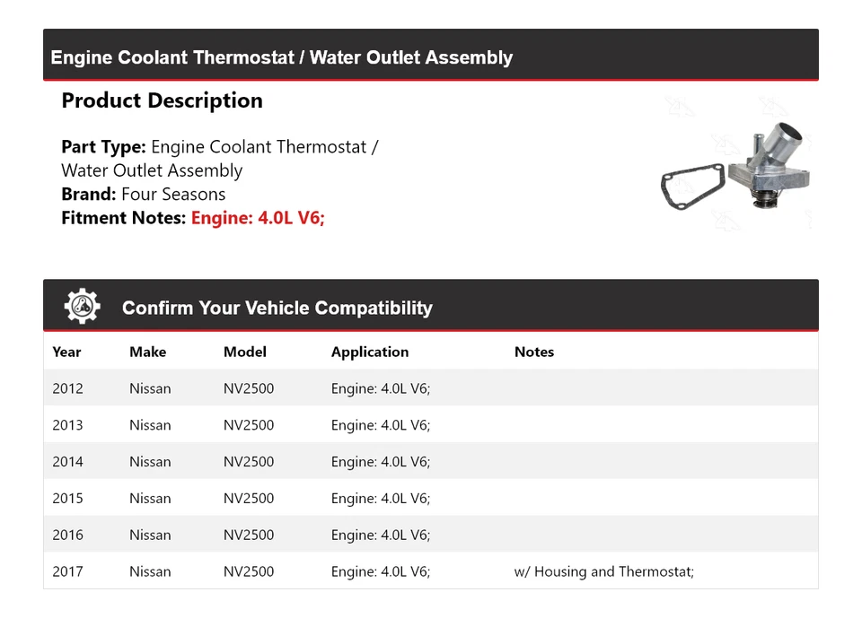 Termostato de refrigerante de motor para Nissan NV2500 12-17 / conjunto de salida de agua 4 estaciones Foto 2 de 4