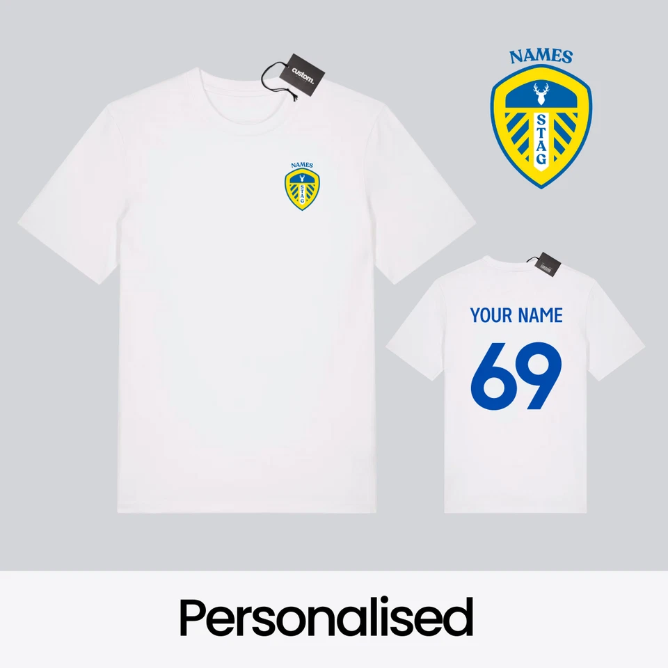 CUSTOM PRINTED Personalised Leeds Football-Inspired Stag Do T-Shirt – Custom Badge, Name & Numb