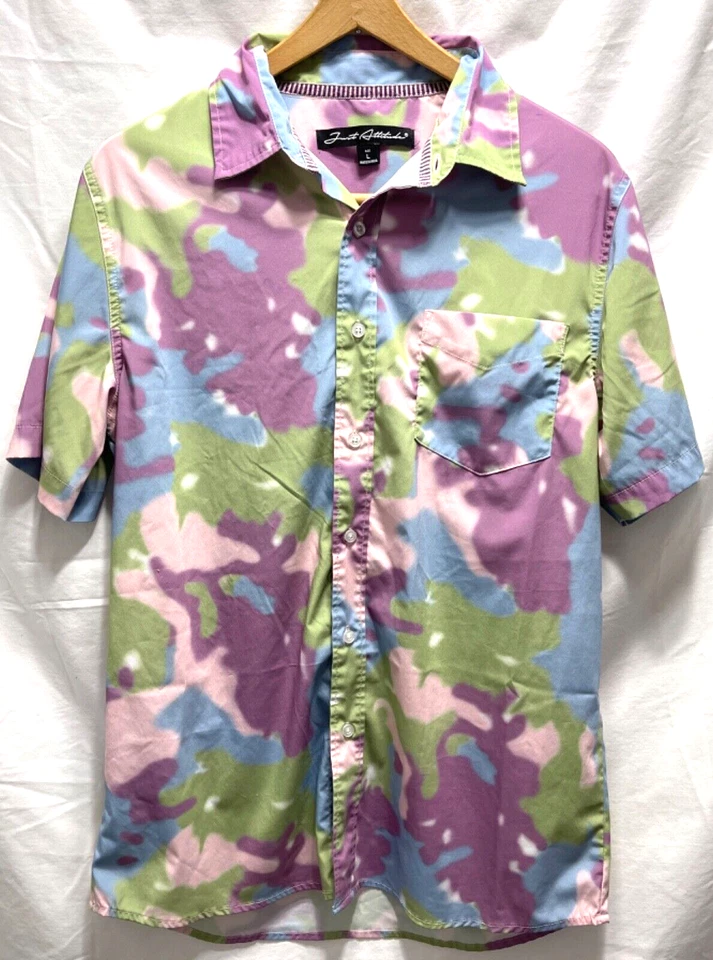 JUST ATTITUDE SS button shirt men size Large bright multicolor camo style print - Image 2 of 4