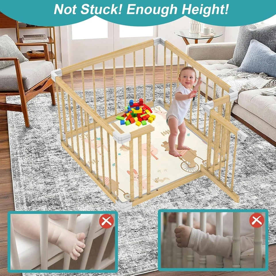 90x90cm Wooden Playpen Baby with Mat, Made from Solid Pine Wood, with Door - Image 2 of 4