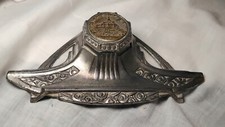 Antique Art Deco Ink Well With Pen Rest. Mont St.Michel Brass Button On Lid