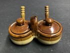Salsa/Jam Condiment Set Holder Ceramic Pots Lids Spoons Two Toned Brown — photo 1