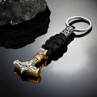 MARKENLOS Schlüsselanhänger Mjolnir Hammer Wikinger Edelstahl Schwarz Rocker Schmuck