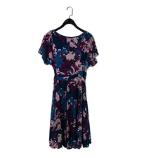 Lily & Me Navy Magenta Brown Floral Tie Waist Fit & Flare Dress - Size 10