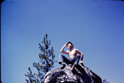 1950s Shirtless Man On Rock Red Border Kodachrome Slide AR-B