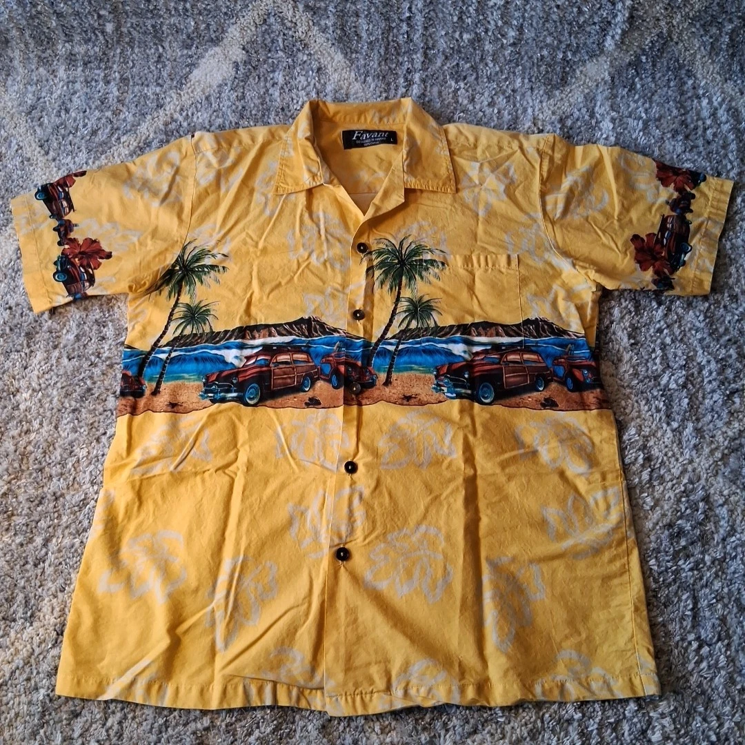Favant Hawaiian Shirt Mens Lg Yellow Button-Up Cars By Beach PatternShort Sleeve