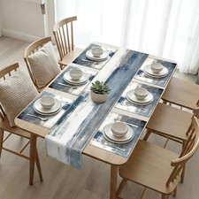 White and Gray Table Runner and Placemats Set of 6 Farmhouse Washable Linen P...