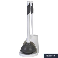 Toilet Plunger and Brush Set with Storage Caddy, Flanged, White Gray
