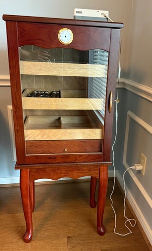 Cherry Wood Cabinet Humidor with Key, Electronic Humidifier & Cigars