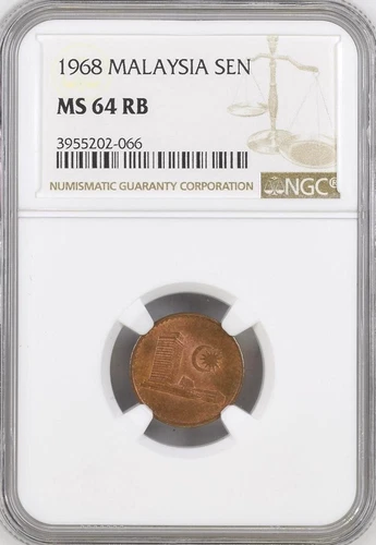 Mazuma *N1444 NGC Malaysia Parliament 1968 One 1 Cent MS64 RB