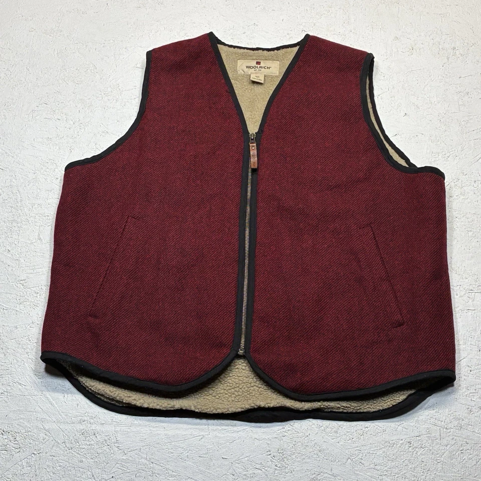 VTG Woolrich Vest Mens Large Red Black Wool Sherpa Lined Zip Lumberjack Outdoor - Image 3 of 4