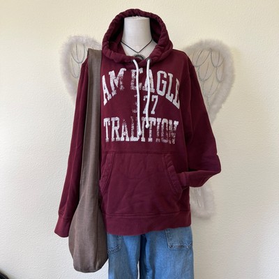 American Eagle Burgundy Hoodie M Pullover Graphic Sweatshirt Kangaroo Y2K 2000s