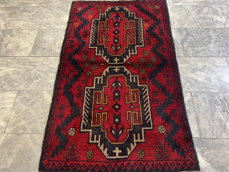 Винтажный афганский шерстяной ковер ручной работы 3x5 футов с рисунком племени для спальни - Изображение 2 из 4