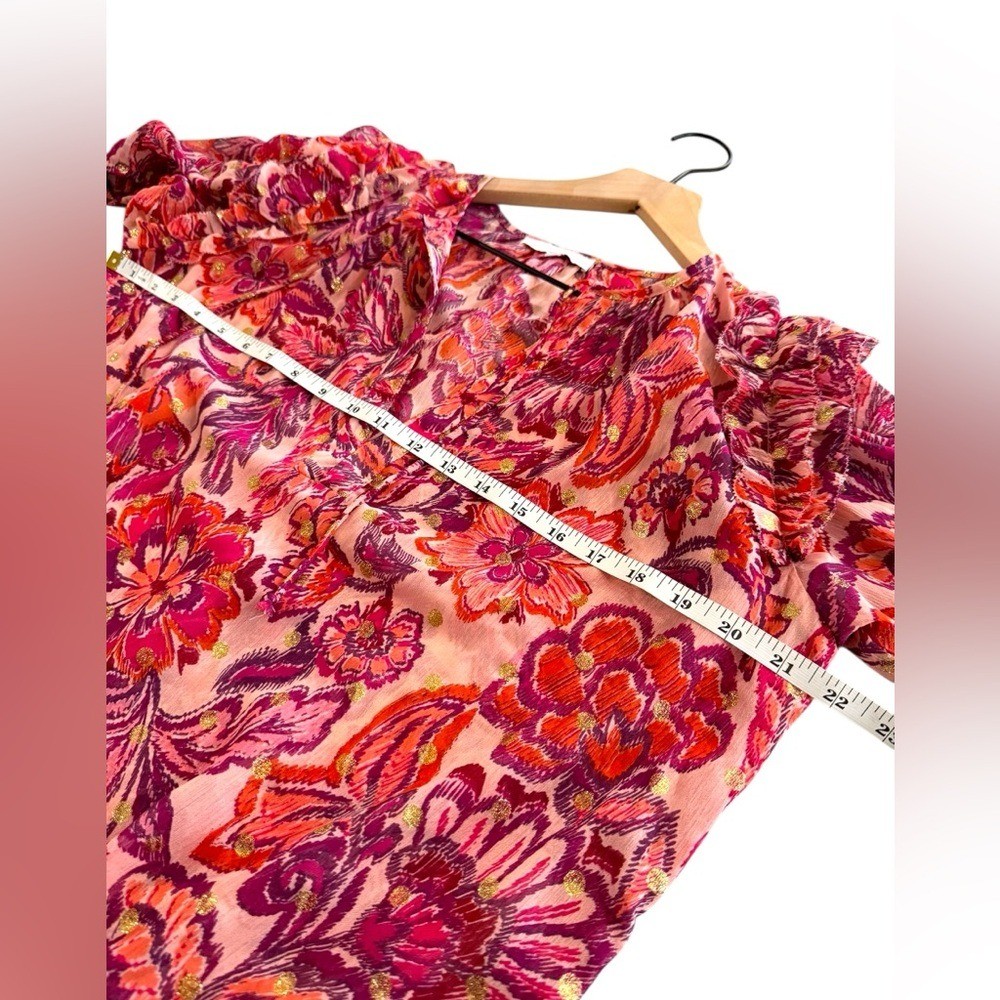 Boutique Pink Fuchsia Metallic Floral Print Ruffled Puff Short Sleeve Blouse- S